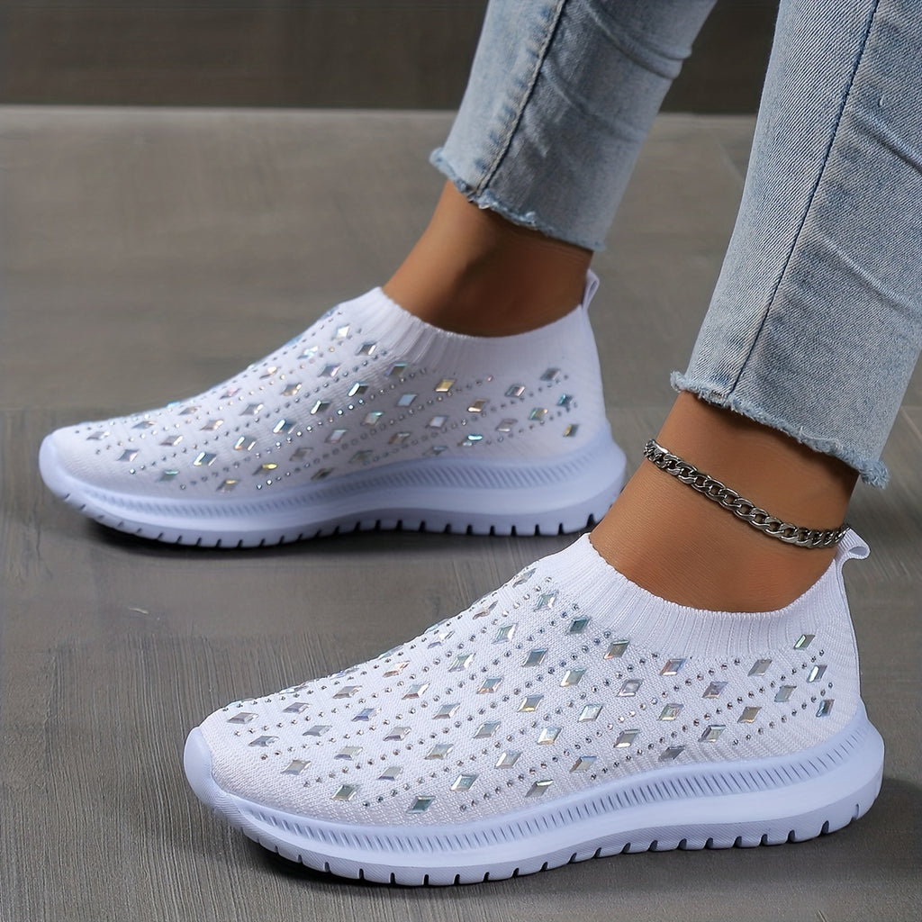 Women's Slip On Sock Shoes, Rhinestone Decor Knitting Low Top Sports Shoes, Breathable Walking Sneakers