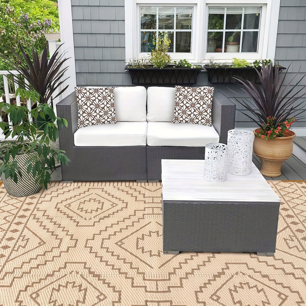 Large Outdoor Mat – Reversible Lightweight Straw Area Mat with Geometric Black & Beige Pattern for RV, Camping, Beach, and Patio Decor, Outdoor Rugs
