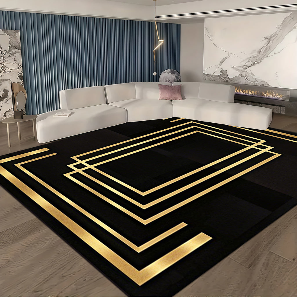 Luxurious Black Velvet Area Mat with Golden Geometric Design - Machine Washable, Non-Slip, Thick & Durable for Living Room, Bedroom, Entryway - Elegant Home Decor, Rugs for Living Room
