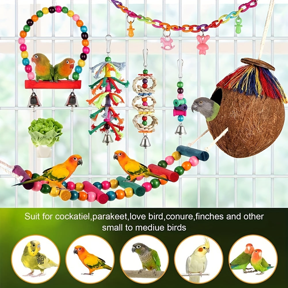 1/3/5pcs Random Bird Toys Bird Parakeet Swing Chewing Hanging Toys Climbing Ladder Coconut Bird Cage Toys Suitable for Cockatiels, Conures, Finches, Budgie, Love Birds