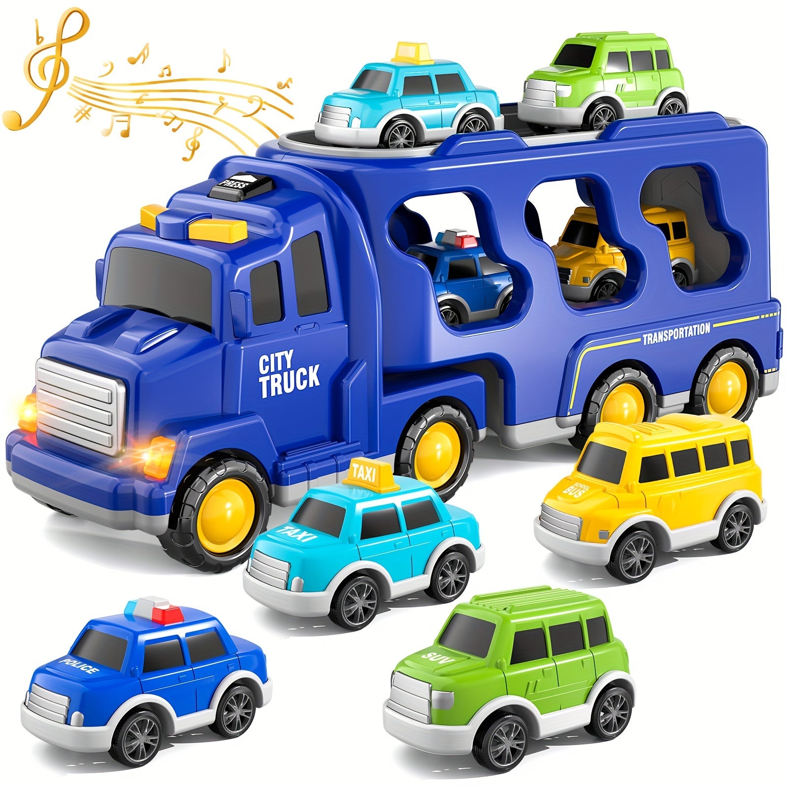 Fire Truck Toys for 3 4 5 Boys Toddlers, 5in 1 Kids Carrier Fire Trucks Cars for Boy Toys Birthday, Car Trucks Friction Power Toys with Light Sound
