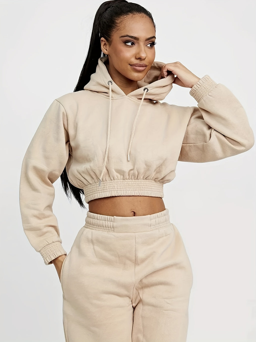 2pcs Plain High Stretch Sporty Suit, Long Sleeves Drawstring Hooded Sweatshirt & Jogging Pant Sports Set, Women's Activewear