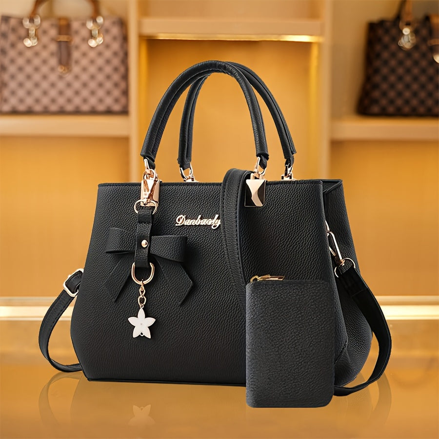 Chic Bow Decor Handbag for Women with Coin Purse, Adjustable Strap,