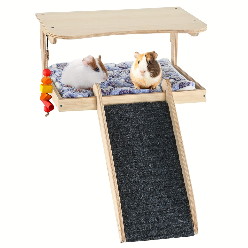 Guinea Pig Hideout, Natural Wooden Castle Small Animal Houses Habitats for Hamster Chinchilla Rat Guinea Pig Bed with Chew Toys Stairs Mat Little Pets Hut Playing Sleeping Hiding