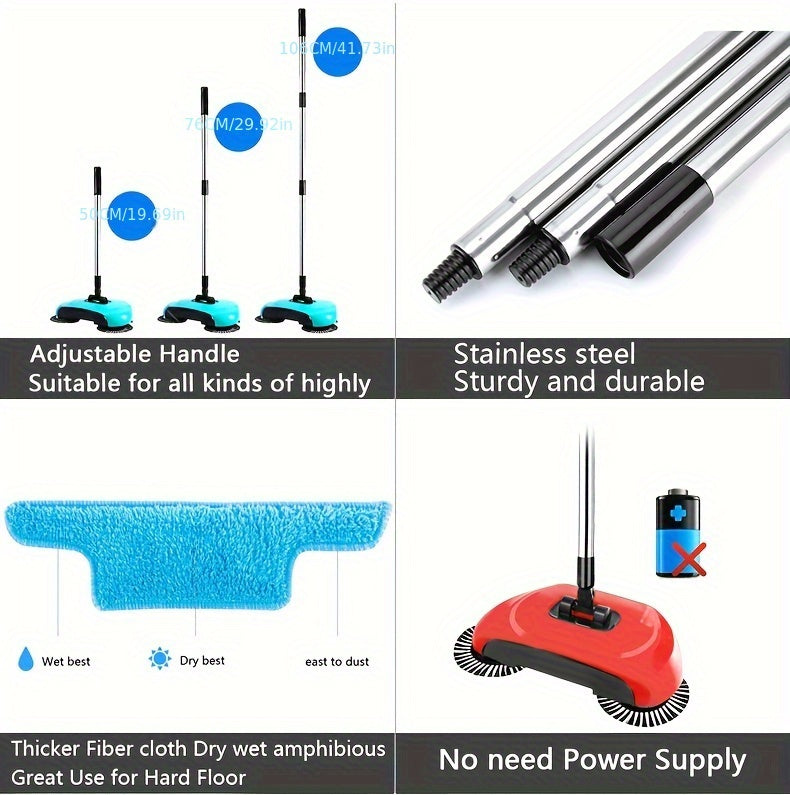 3-in-1 Cordless Push Broom Dustpan & Mop Combo - Lightweight Ergonomic Handle, Durable Plastic for Hardwood Floors & Tile - Space-Saving Multi-Functional Cleaning Tool for Home Use, Modern Aesthetic, Efficient Design