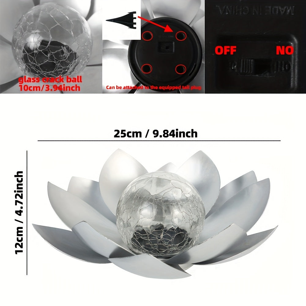 1pc Solar Lotus Flower Table Light with Glass Crack Ball - Waterproof LED Garden Decor Lamp for Ground Yard Patio Walkway Landscape - Perfect Holiday and Gardening Gift for Men and Women