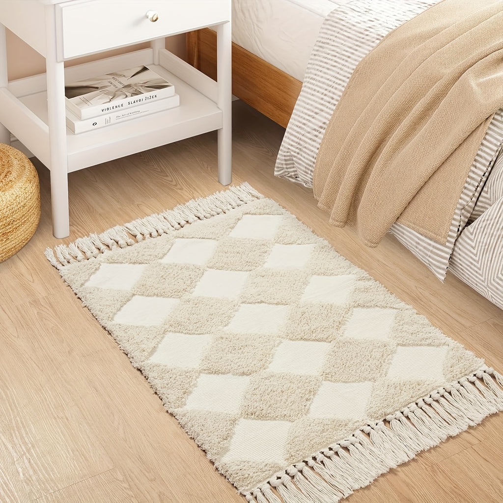 Collive Checkered Boho Bedroom Rugs, Beige Small Bathroom Rug Modern Bath Mat Washable Cotton Woven Accent Rug Tufted Throw Rug, Farmhouse Entryway Door Mat For Kitchen Laundry Room Entrance