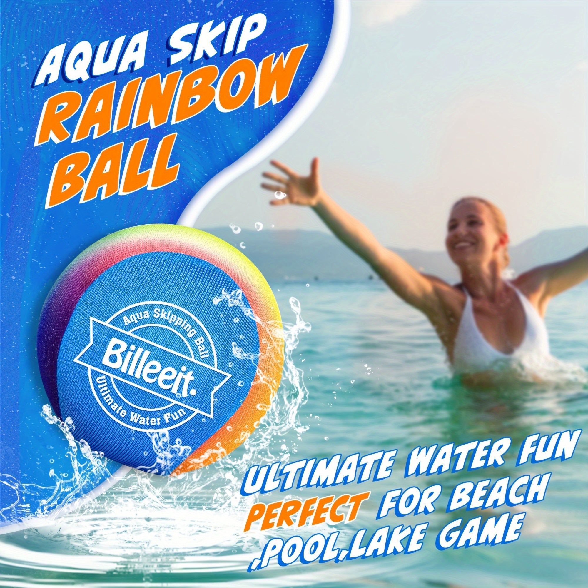 Billeeit Water Skipping Balls Set for Pool Play, Include 1 Rugby, 2 Balls and 2 Discs, Rainbow Color Splash Water Bouncing Balls, Fun Beach Toys & Games, Summer Gift for Kids 3+ 4-8-12 and Adults