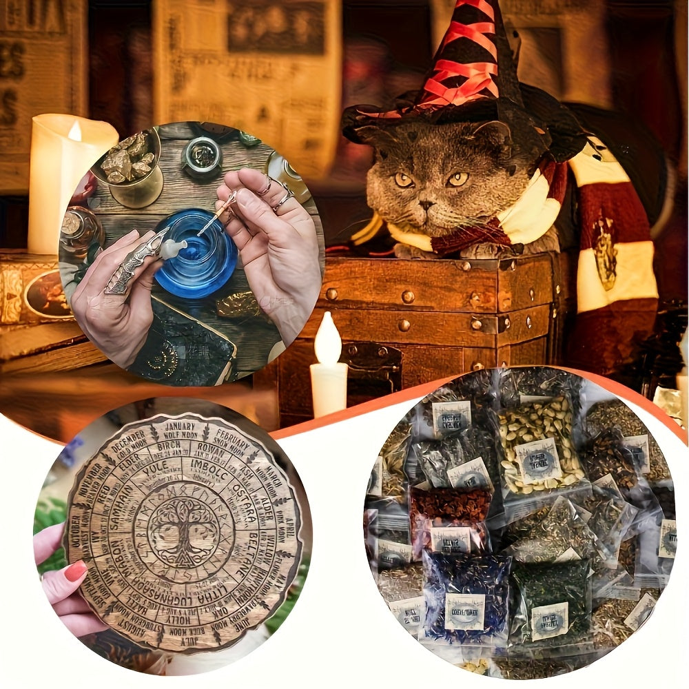 Witchcraft Kit with Grinding And Pounding Tank - Candles, Witches Crystals, Dried Flowers, Vanilla, Beginner Box Starter. Suitable for Full Moon Ceremonies And Decorative Materials for Magic. Ideal for Gifting During Black Hi