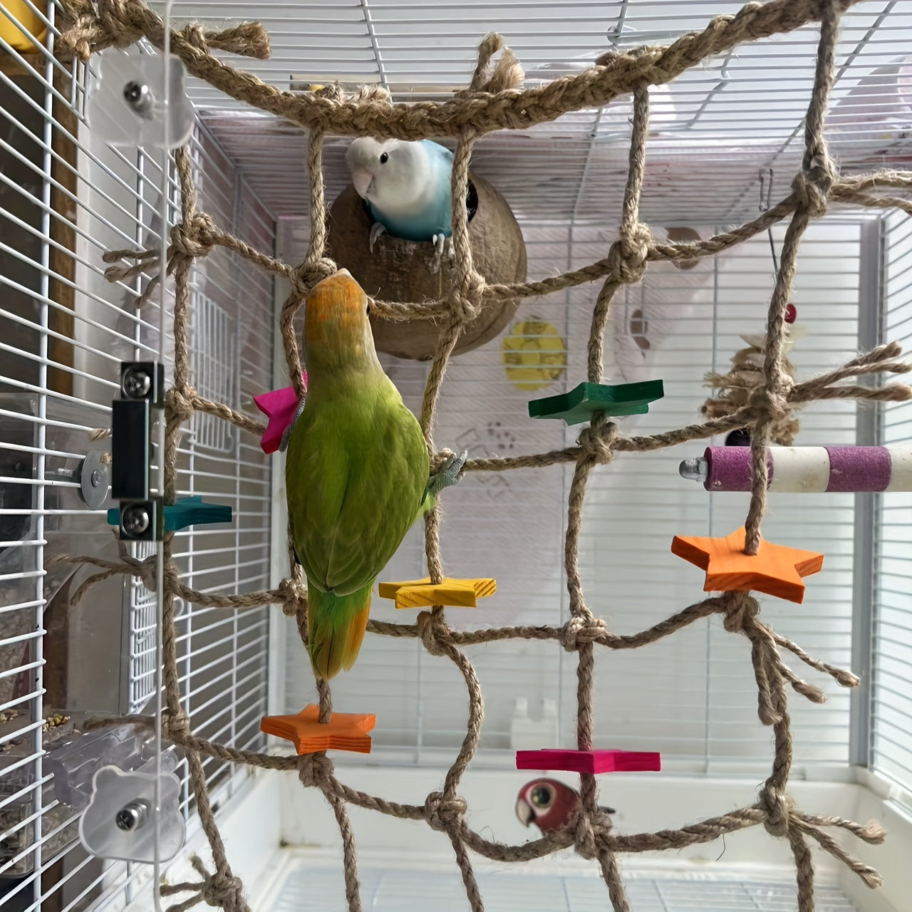 1pc Durable Hemp Rope Bird Climbing Net with Colorful Star Cutouts and Chewing Toys - Multi-Functional Parrot Play Cage Accessory and Bird Toy