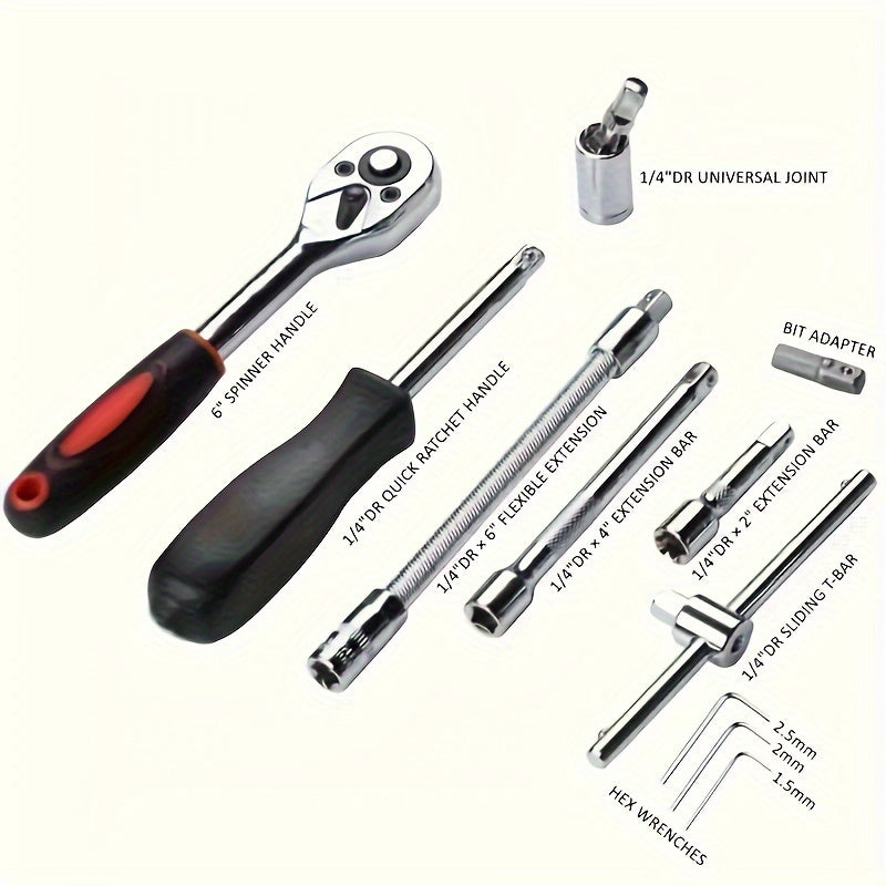46-Piece Professional Socket Set - Durable 1/4 Inch Drive Ratchet Wrench Kit with Metric Sockets f