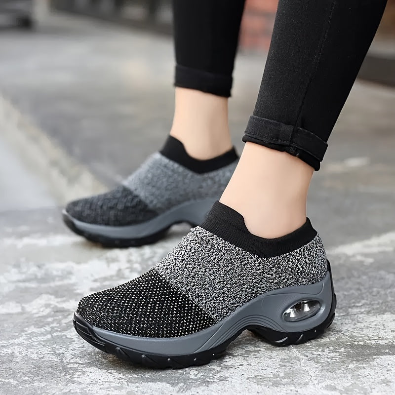 Women'S Air Cushion Sole Sneakers, Lightweight Knit Slip on Shoes, Breathable Running Shoes