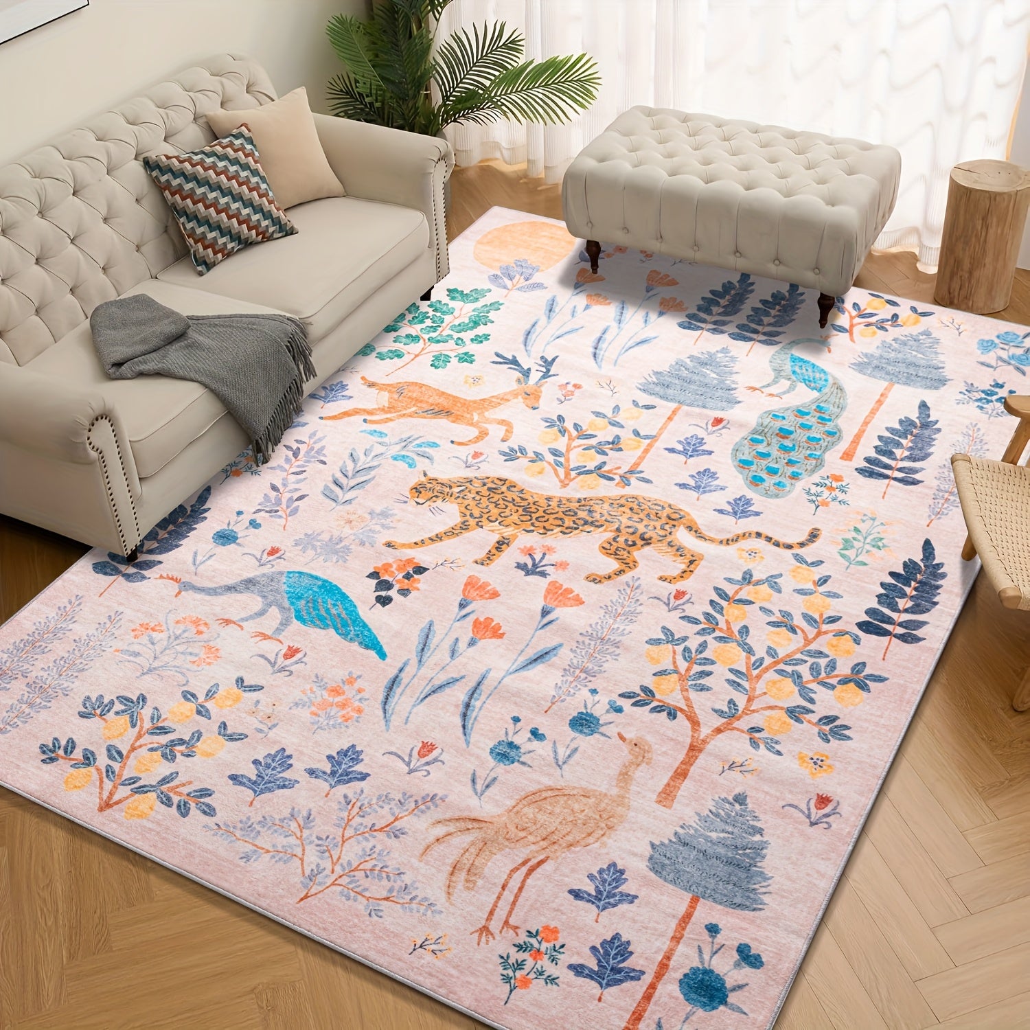 Chakme Jungle Animal Area Mat - 5x7ft Soft, Anti-Slip, Machine Washable Polyester Blend for Living Room, Bedroom, or Daycare - Vibrant Tiger & Jungle Design, Light Green Background, Perfect for Cozy Spaces, Bedroom Mat | Jung