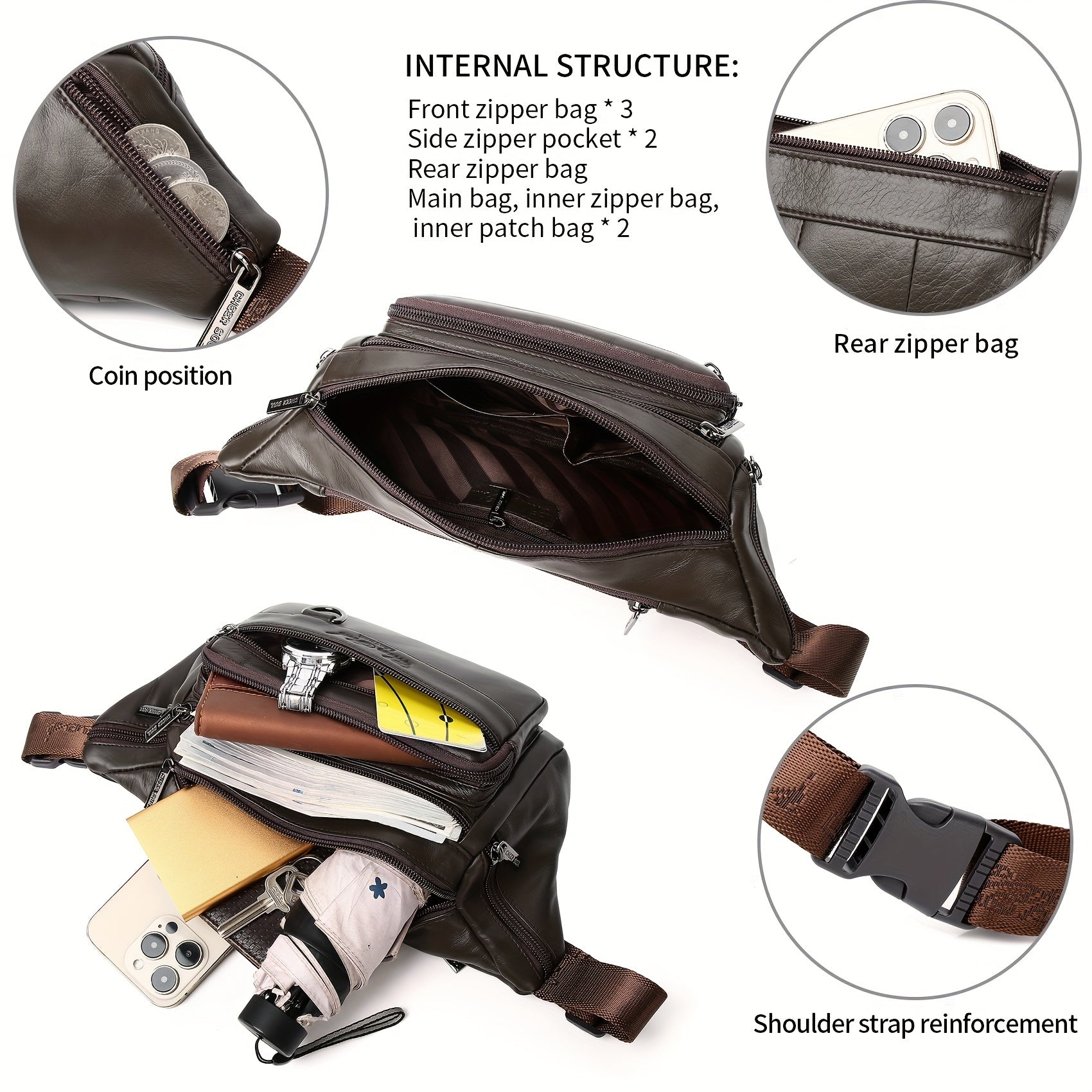 Genuine Leather Men's Waist Bag/Women's Multifunctional Hip Bag/Stylish Multi-Pocket Travel Sports Backpack for Hiking, Cycling, Fishing, And Running
