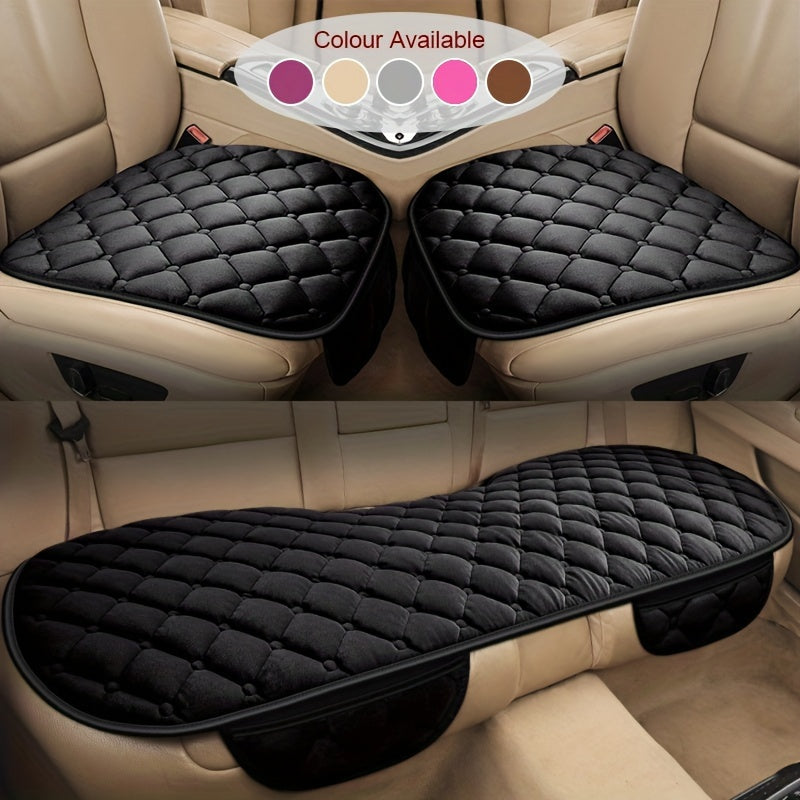 Diamond Pattern Plush Car Seat Cover Set - Universal Fit Warm Winter Automotive Seat Cushions, 3-Piece Vehicle Seat Pad Kit with Secure Buckle System for Car Interior Accessories