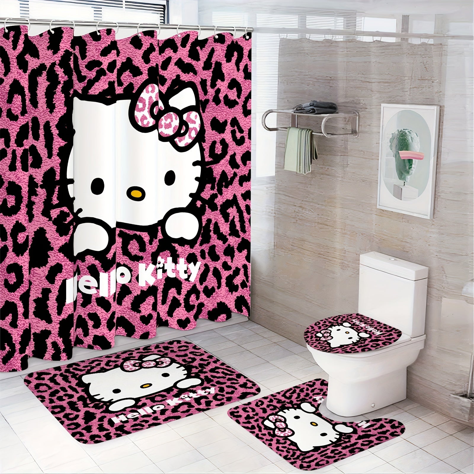 Sanrio Hello Kitty 1/3/4 Piece Shower Curtain Set with Grommet, Stain Resistant, Machine Washable, Knit Weave, All-Season Polyester Bathroom Decor with Shower Curtain and Rugs