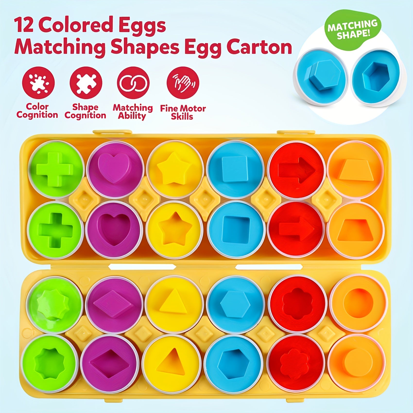 12pcs Geometric Egg Shape Sorter Puzzle - Develops Fine Motor Skills, Color Recognition, and Early Learning for Toddlers Boys and Girls with Easter Egg Toys