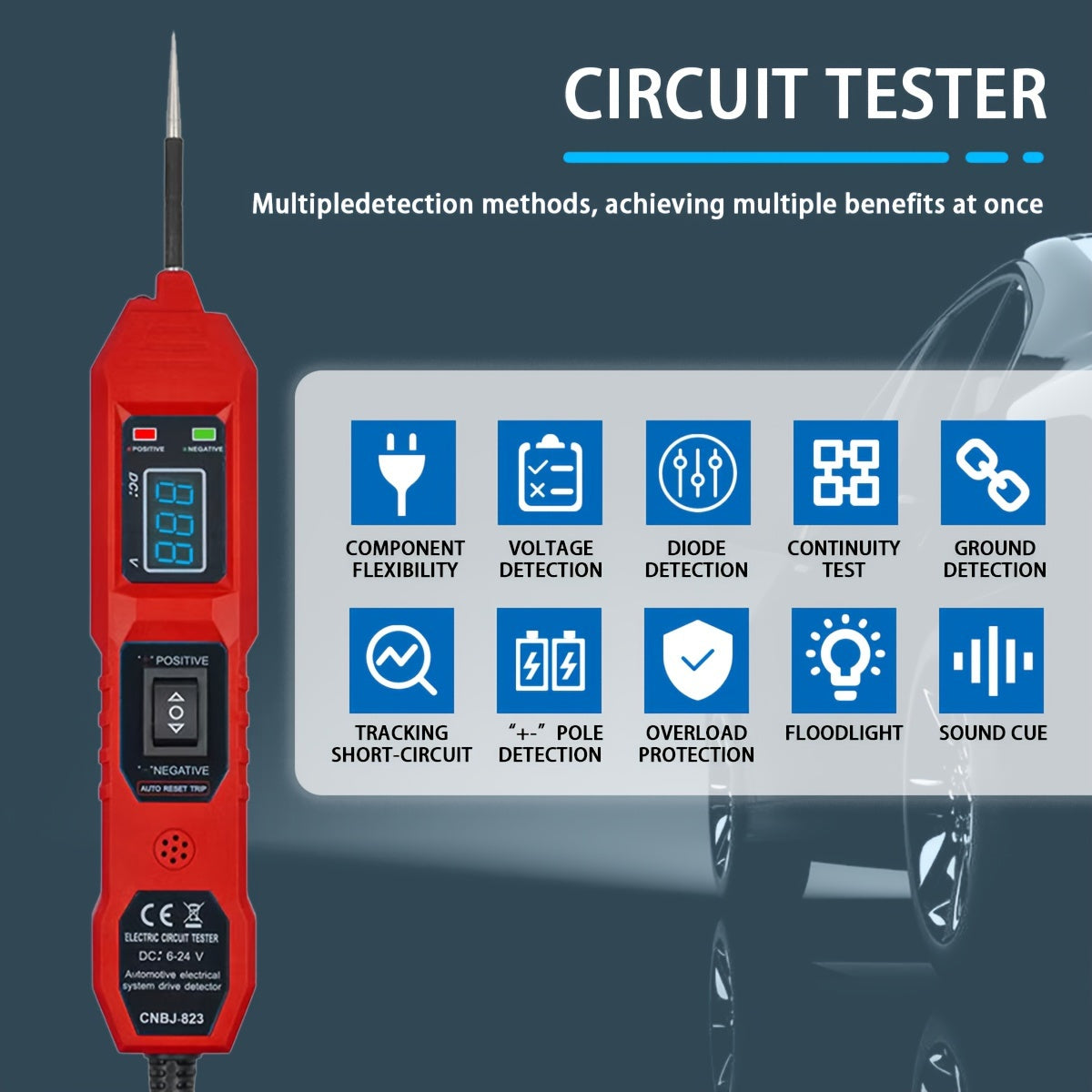 Automotive car voltage panel and Car Vehicle Circuit Tester with LED Voltage Display, USB Power, Compatible with 3.5-36V DC Automotive Electrical Systems, Digital Multimeter Probe with Clips