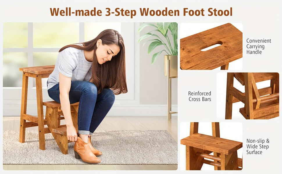 3-in-1 Folding Step Stool with 24" Storage Shelf - Multi-Function Coffee Brown Rubber Wood Ladder, Durable & Portable for Home, Garage, or Garden Use, Sturdy Ant-Slip Surface, 200 lbs Capacity Per Pedal, Garage Utility Ladder