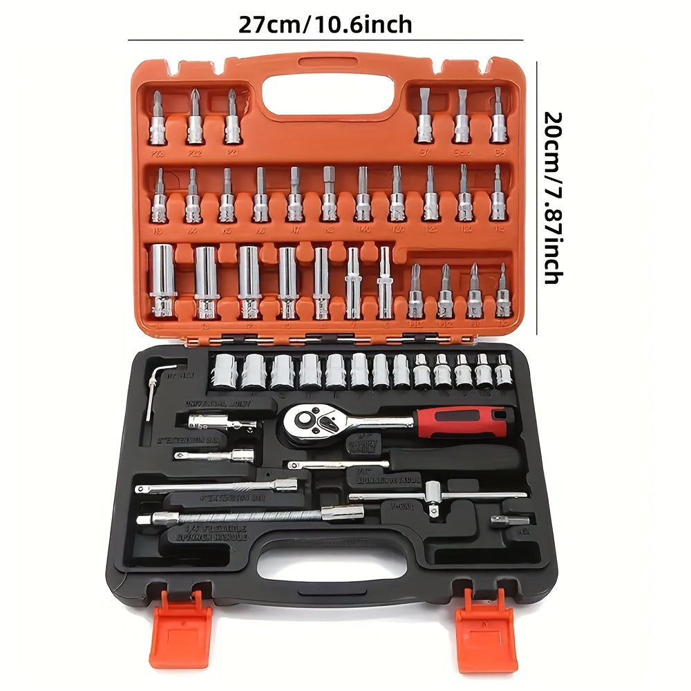 A Collection of 53 Mechanical Tool Kits, Including 1/2" And 1/4" Drive Depth And Standard Sockets, Ergonomic Handles, Ratchet Wrenches,