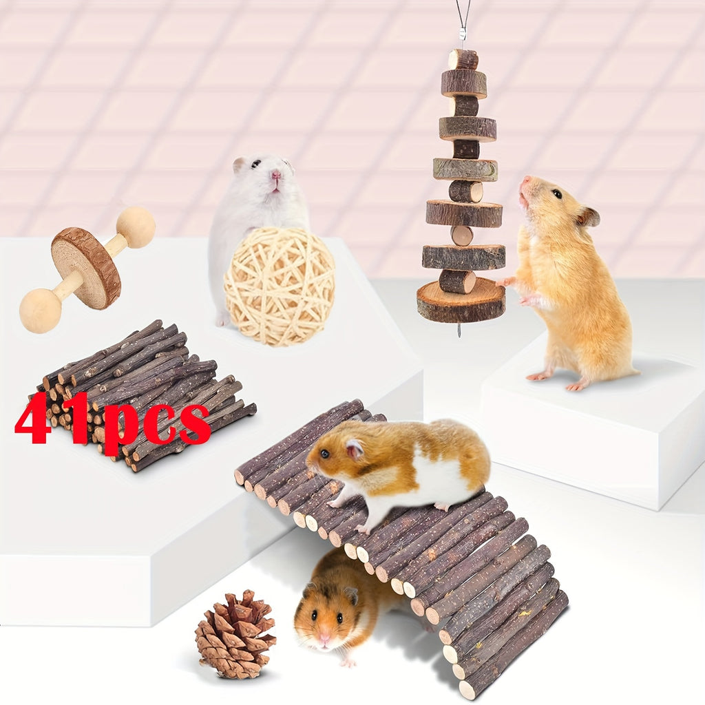 Hamster Cage Accessories, 50pcs Chew Toys for Guinea Pig, Chinchillas, Gerbils, Mice, Rats, Mouse, Rabbit, Bunny Hideout Seesaw, Natural Molar Tools