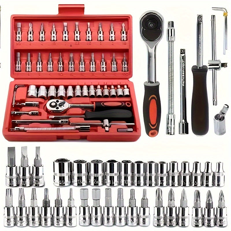 46-Piece Professional Socket Set - Durable 1/4 Inch Drive Ratchet Wrench Kit with Metric Sockets f