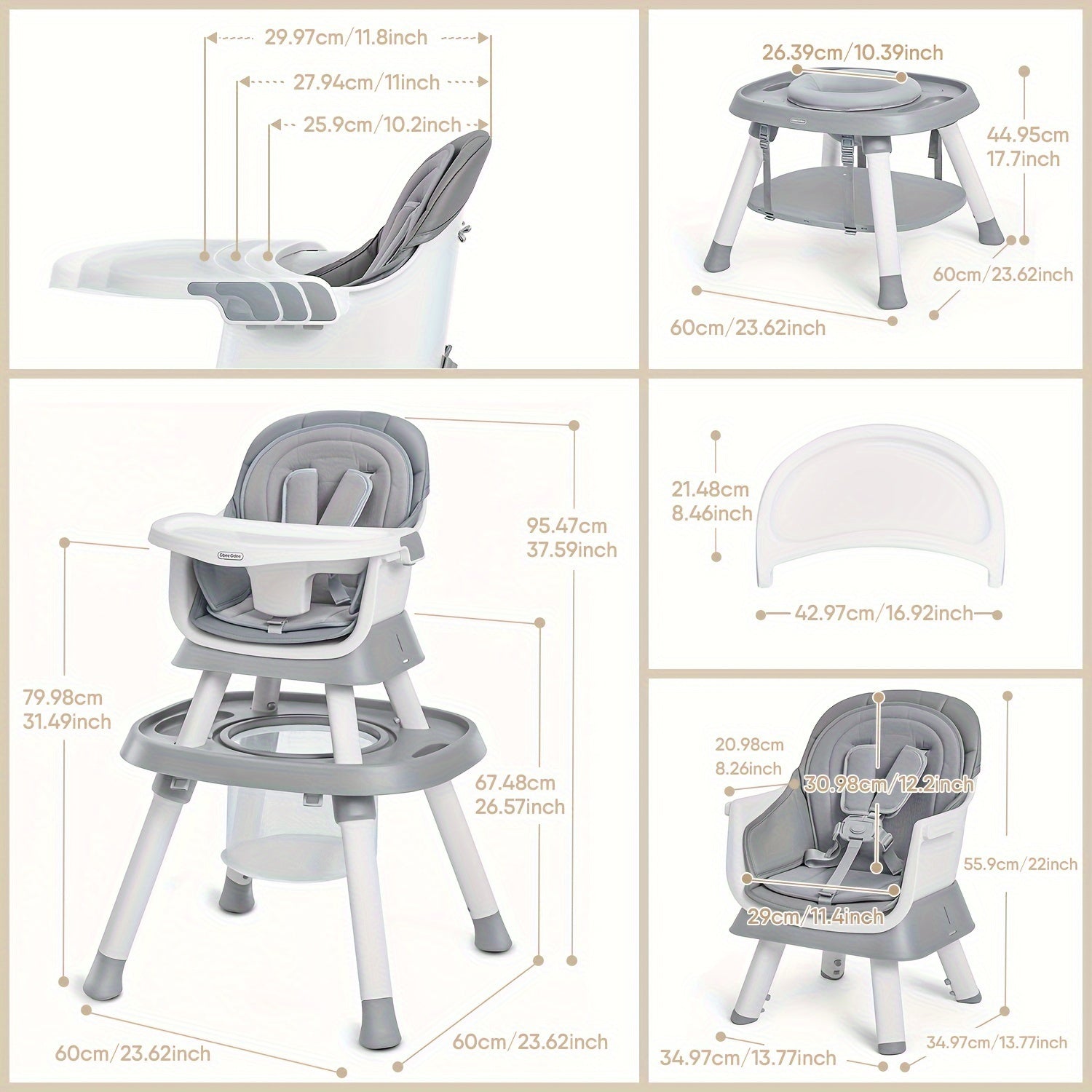 Baby High Chair, 15-In-1 Convertible Multifunctional Infant And Toddler High Chair With Activity Center, Tray And Toys(Grey)