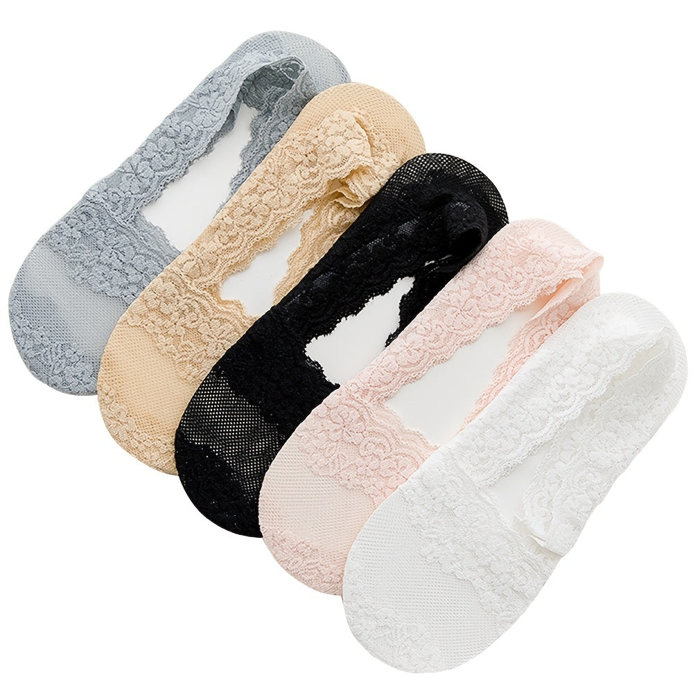[Breathable Ankle Socks] 5 Pairs Women's Lace Trim No-Show Ankle Socks | Breathable Fabric, Floral & Solid Color Options, Low-Cut Invisible Socks for Casual & Formal Wear