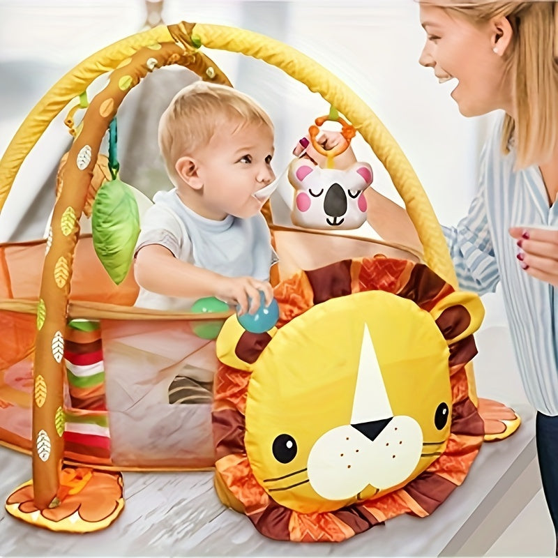 Newborn Play Gym Lion Shaped Baby Play Mat with 4 Featured Toys for Sensory Exploration and Motor Skill Development for Children Aged 0-3 Years, Including Ocean Balls.