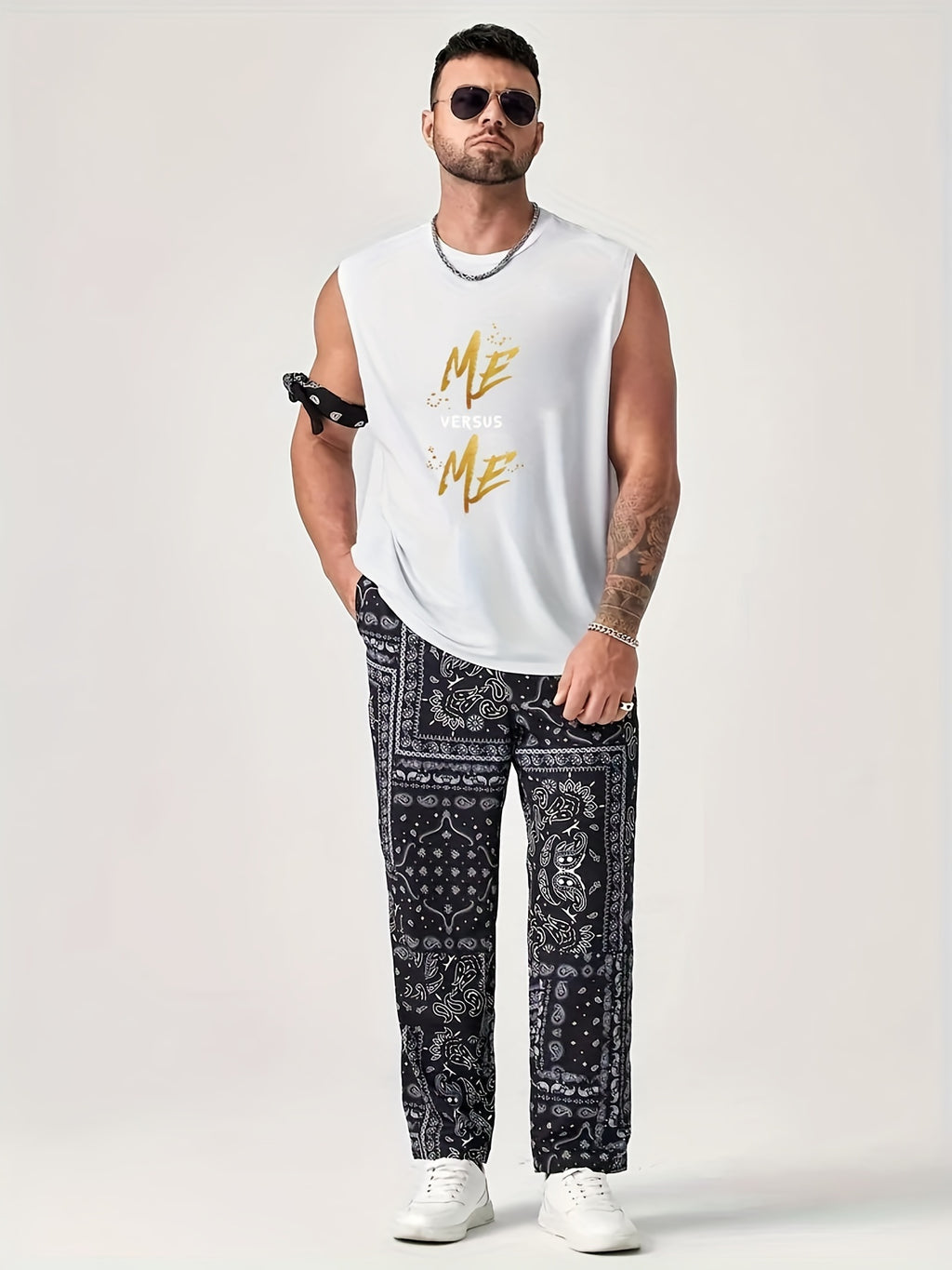 ME VERSUS ME' Round Neck Cotton Graphic Vest, Casual Sports Sleeveless Tank Tops, Men's Summer Clothing