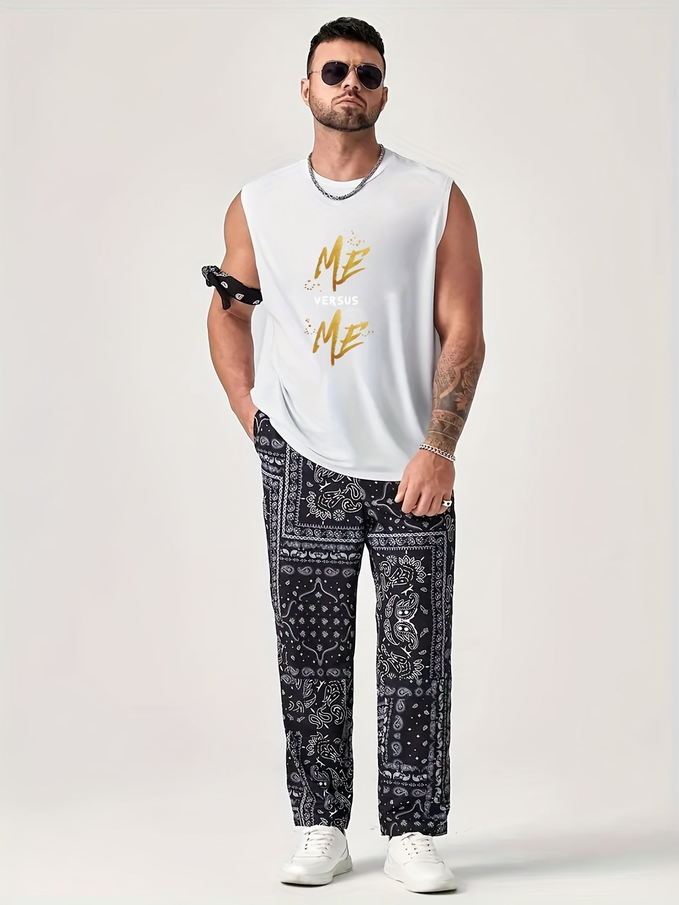 ME VERSUS ME' Round Neck Cotton Graphic Vest, Casual Sports Sleeveless Tank Tops, Men's Summer Clothing
