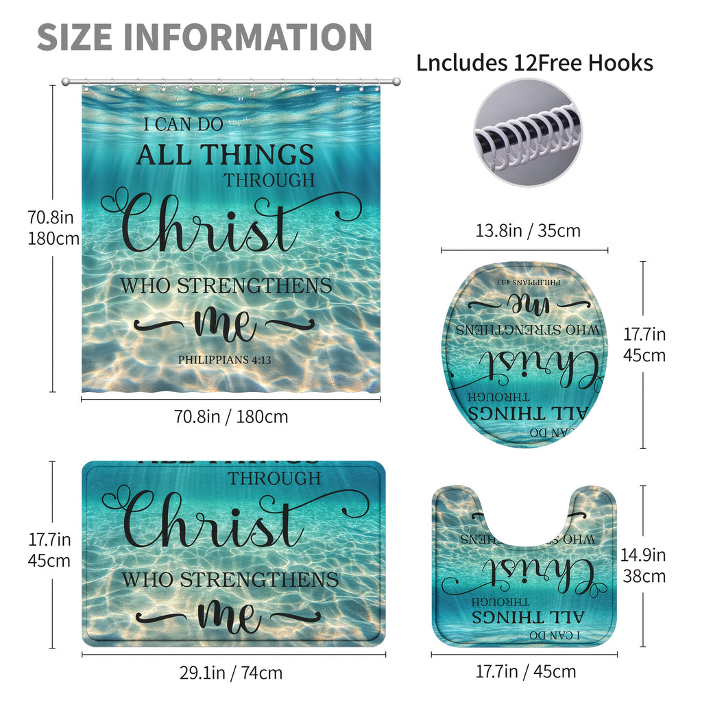 4pcs/1pc Beach Ocean Bible Verse Shower Curtain Set, Blue Ocean Seaside Decor with Inspirational Scripture Quotes, Summer Coastal Seascape Fabric, High Quality Polyester Bathroom Set with 12 Hooks, Non-Slip Rugs, Toilet Lid C