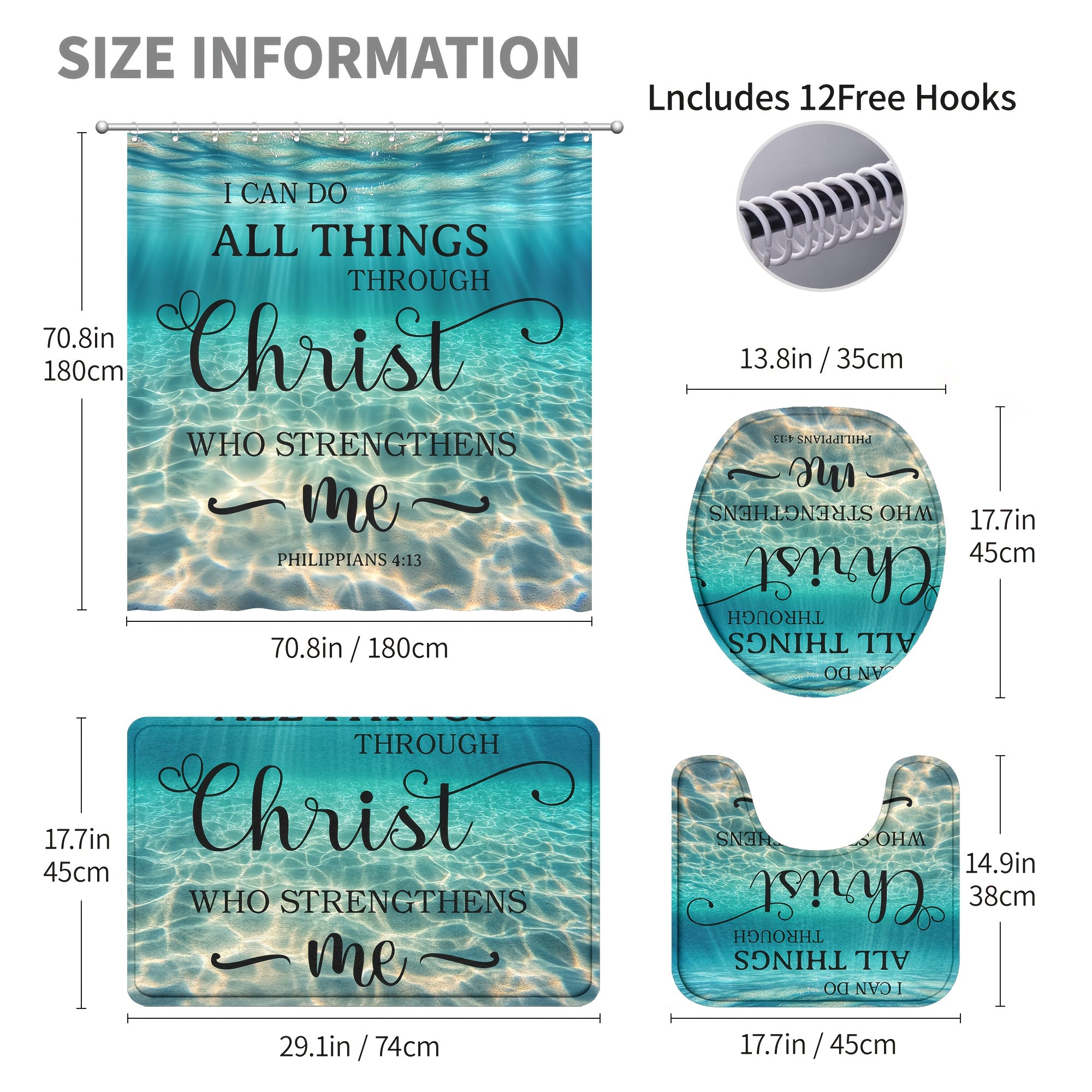 4pcs/1pc Beach Ocean Bible Verse Shower Curtain Set, Blue Ocean Seaside Decor with Inspirational Scripture Quotes, Summer Coastal Seascape Fabric, High Quality Polyester Bathroom Set with 12 Hooks, Non-Slip Rugs, Toilet Lid C