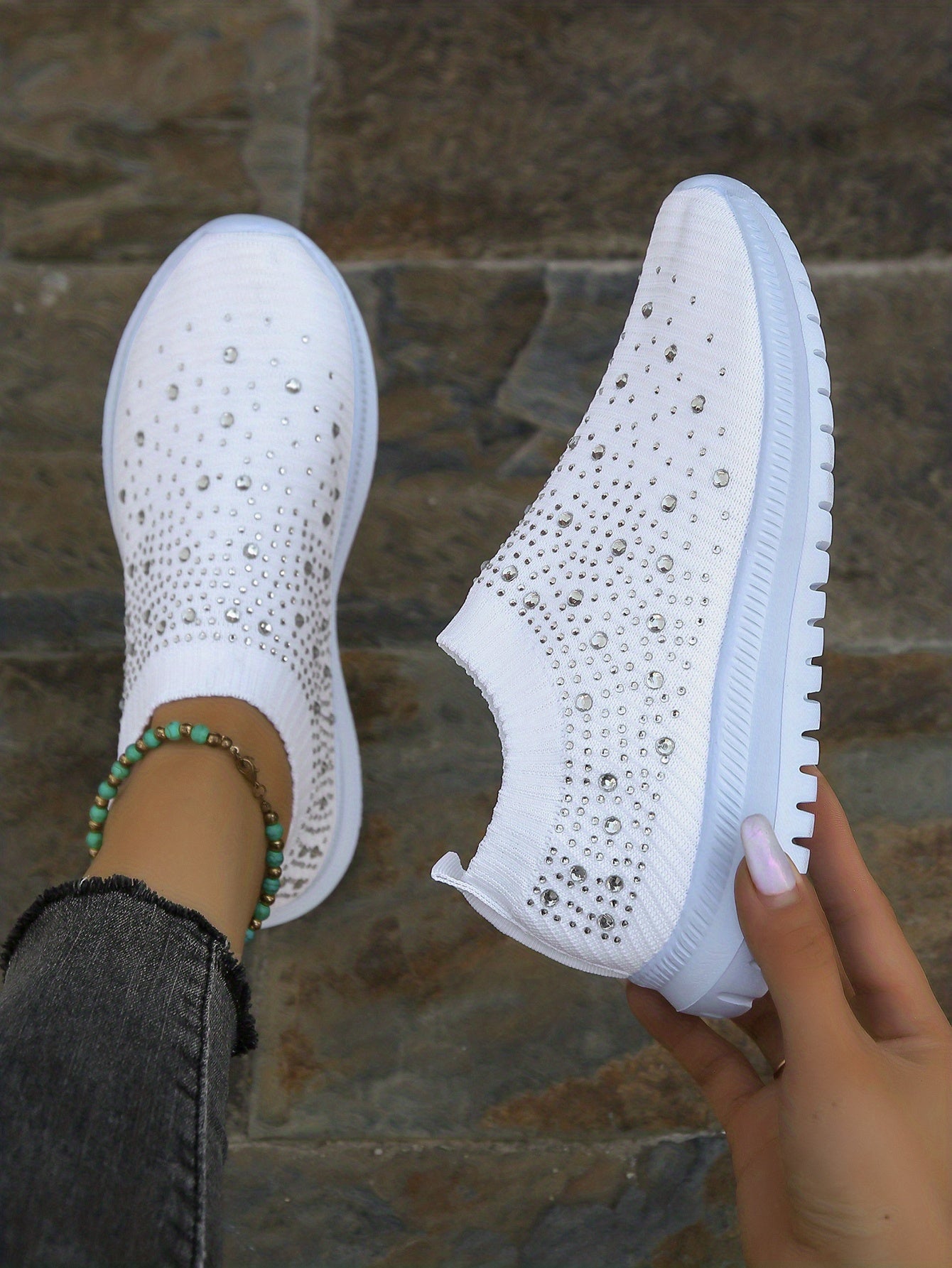Women's Rhinestone Decor Slip-on Sneakers, Fly Woven Sports Shoes, Breathable Low Top Walking Shoes For Music Festival