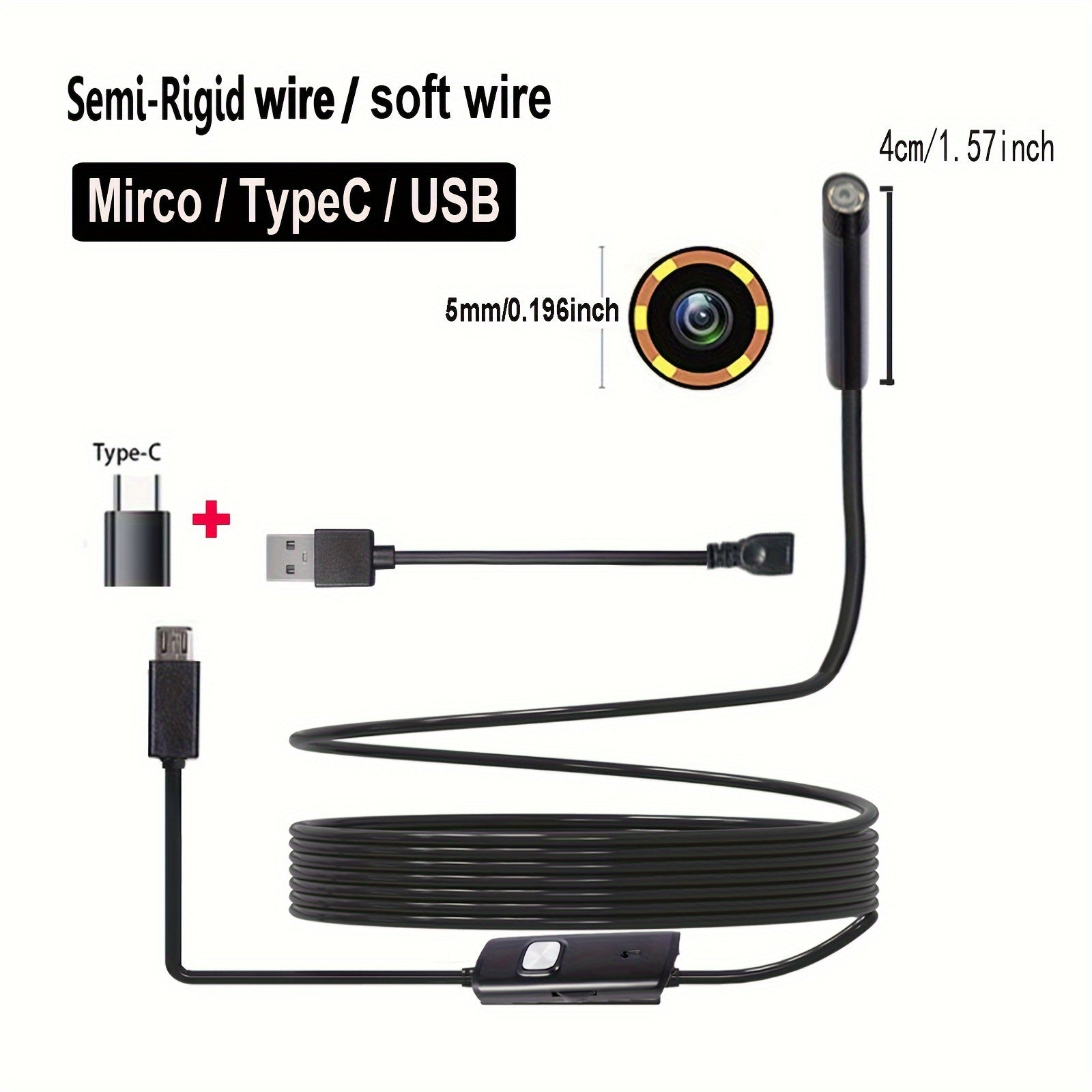 5Mm/0.196In Mini Camera Industrial Cameras Endoscope, Android Mobile Phone Camera, Pipeline Detection, Industrial, Automotive Repair, Carbon Deposition, Visual Repair, Air Conditioning 1-10M Probe