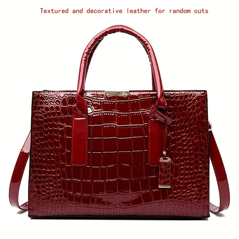 Crocodile Embossed Handbag, Trendy PU Leather Top Handle Purse, Women's Solid Color Shoulder Bag