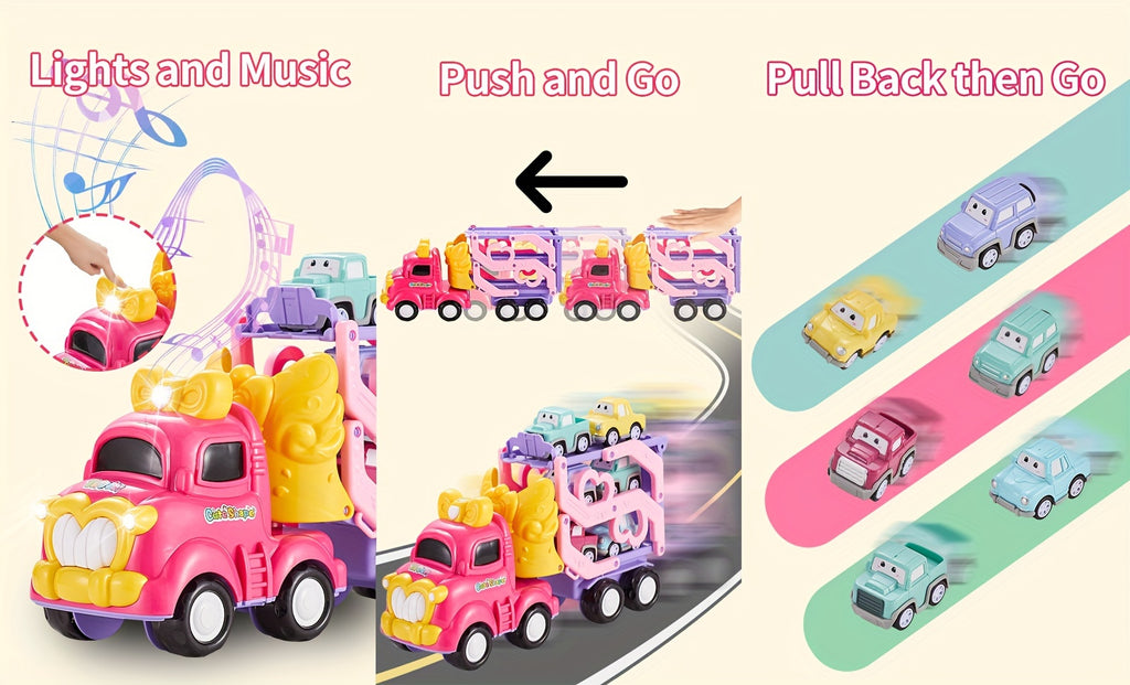 Toddler Car Toys 7-in-1 Pink Princess Foldable Transport Carrier Trucks For Baby | Lights & Music | 3 Layer Transformable Carriage Set | (Bowknot)