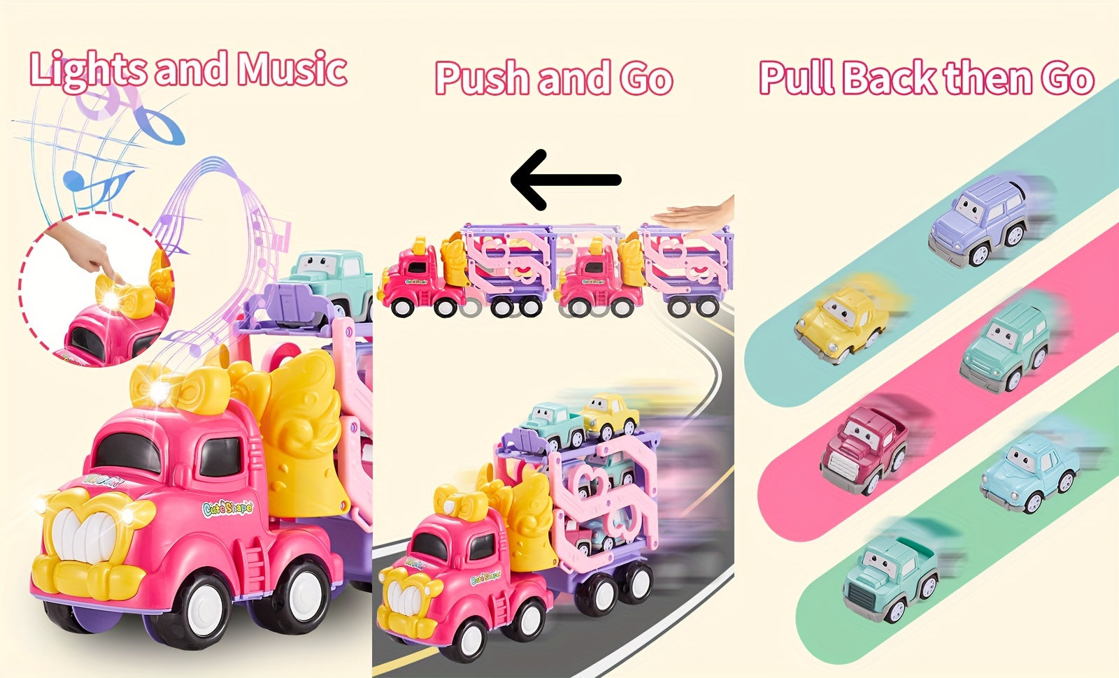 Toddler Car Toys 7-in-1 Pink Princess Foldable Transport Carrier Trucks For Baby | Lights & Music | 3 Layer Transformable Carriage Set | (Bowknot)