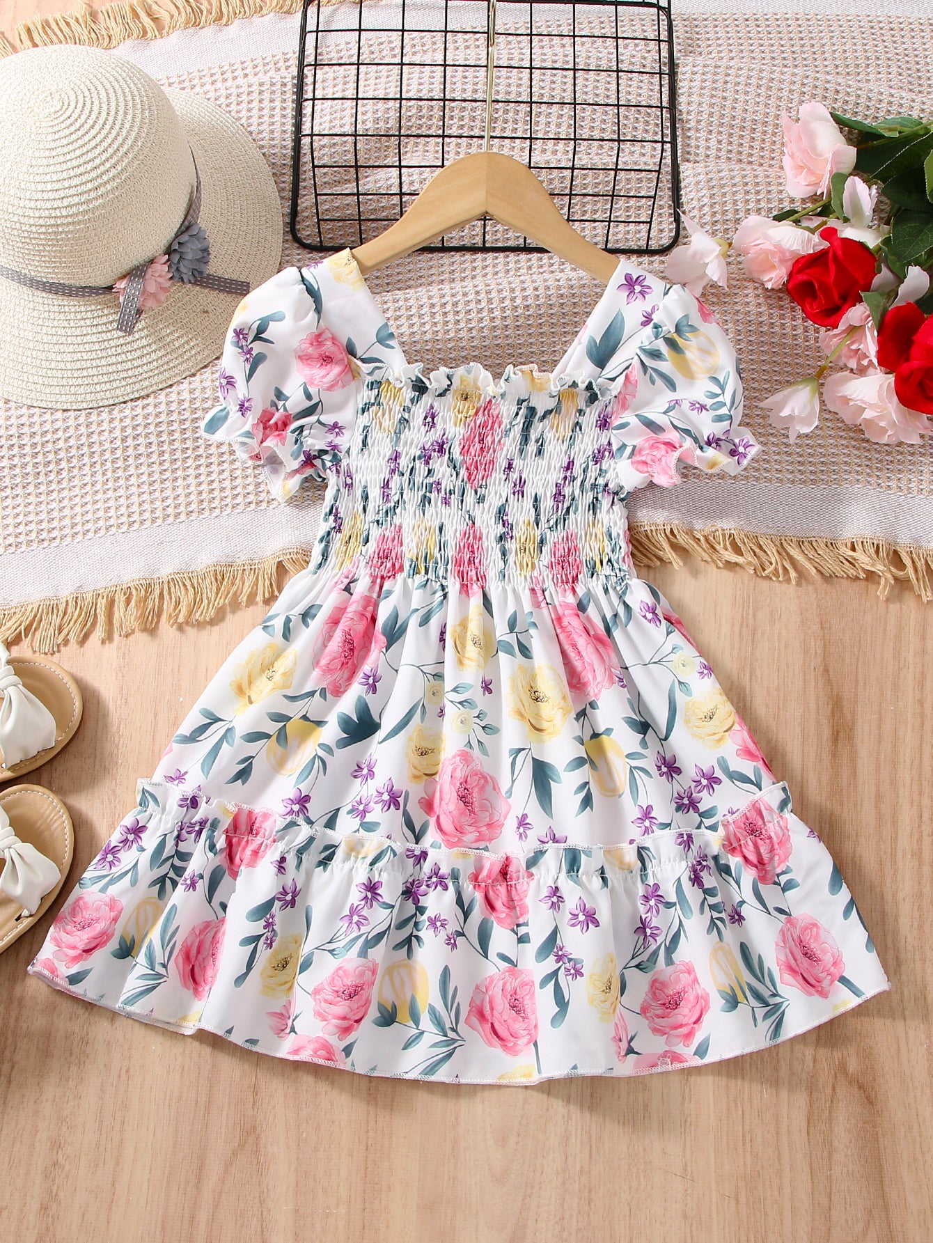 Girls Puff Sleeve Floral Shirred Ruffled Hem Party Dress Kids Summer Clothes