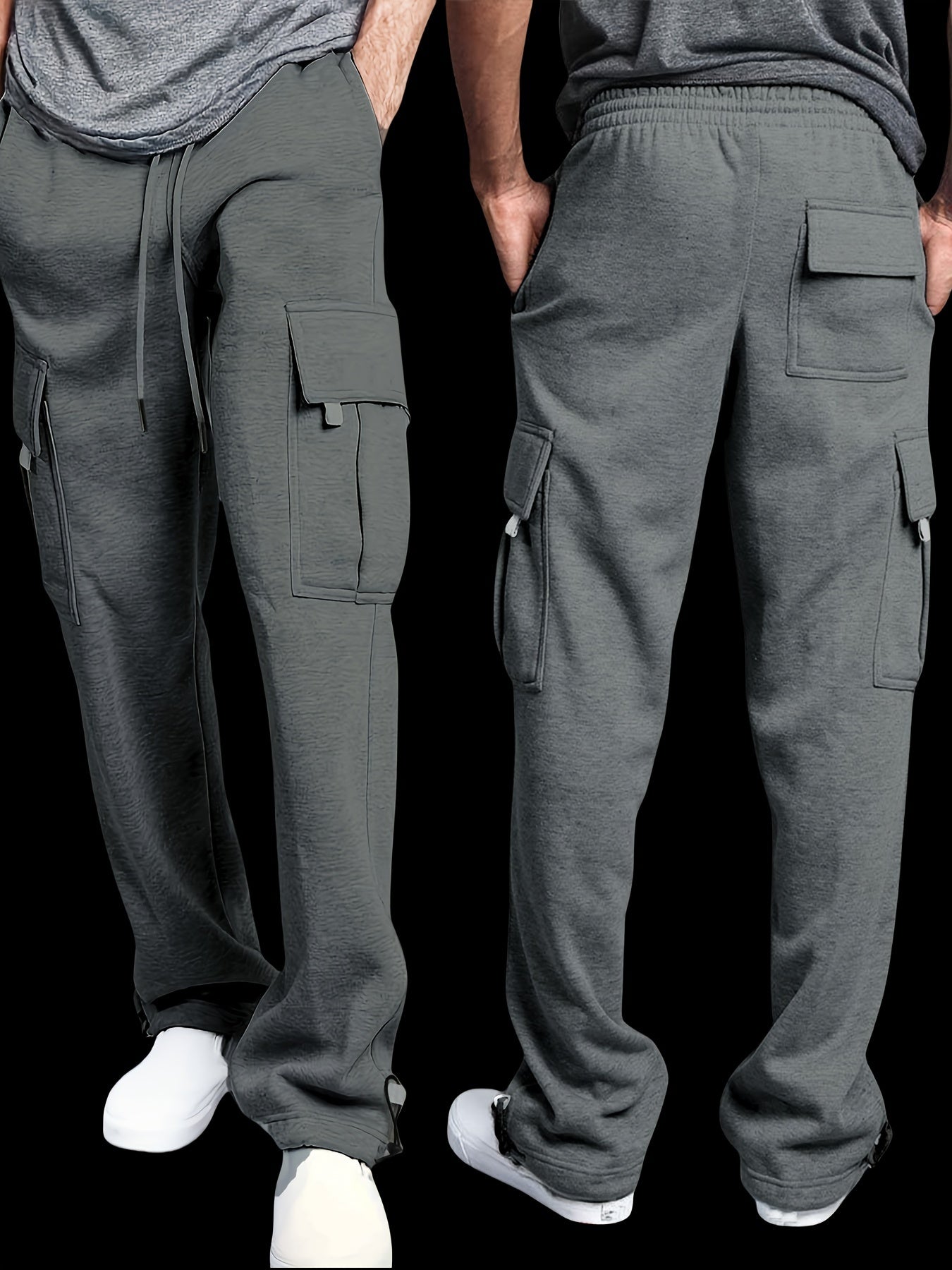 Men's Fleece-Lined Cargo Pants - Thick, Loose Fit for Winter Sports & Outdoor Activities, Gray with Multiple Pockets & Drawstring Waist, Polyester Knit Fabric, Street Style Joggers