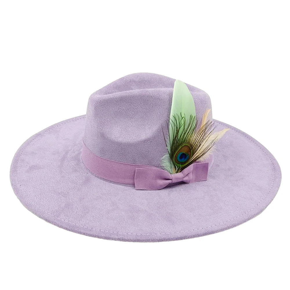 New suede fedora hats for men and women bow accessoriescolorful retro wide-brimmed church hatsjazz panama hats