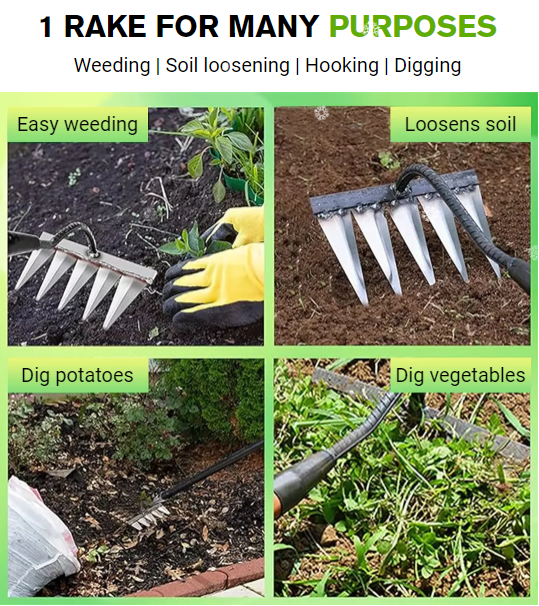Garden Hoe 5/6/7/8 Teeth Carbon Steel Garden Hand Rake Weeding Rake Farm Tool Grasping Raking Loosening Soil Nail Rake Tool