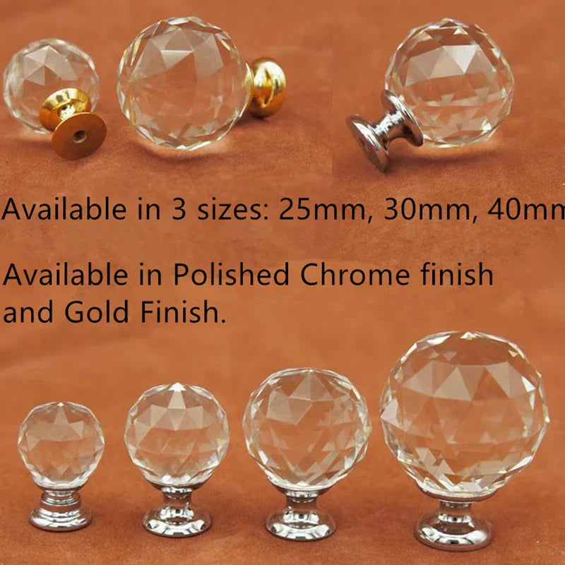 Clear Crystal Cabinet Knobs – Chrome & Gold Base Glass Drawer Pulls in 20mm, 25mm, 30mm, 40mm