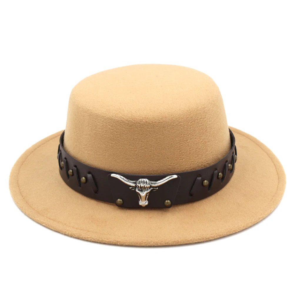 Women's Men's Flat Top Hat Boater Cap Bowler Sailor Wide Brim Fedora Hats with Western Tauren Leather Belt