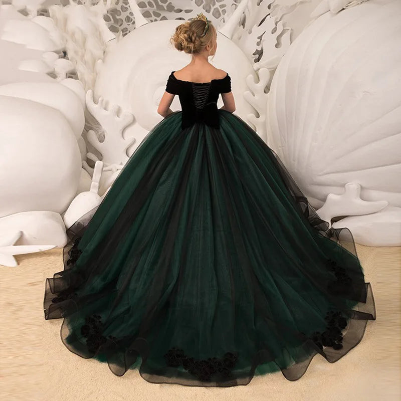 Kids Dresses Girl Elegant Long Prom Green Tulle Gowns New Children Graduation Dress Teen Wedding Bridesmaid Robe