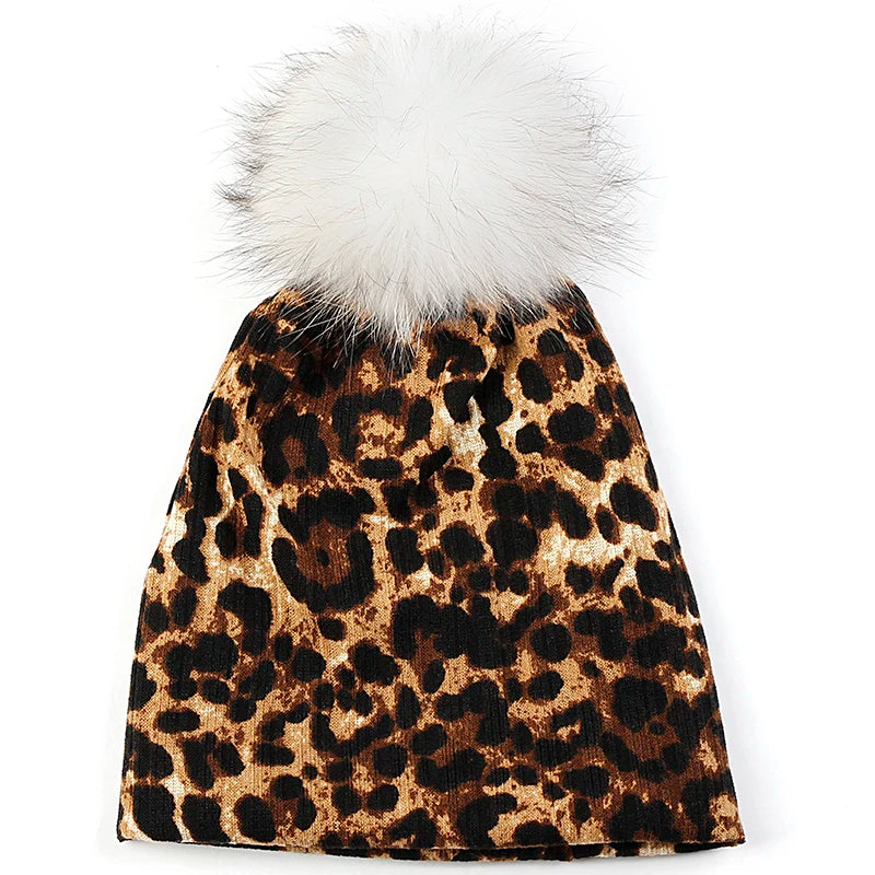 Women Casual Beanie Caps Autumn Winter Warm Beanies Female Fashion New Skullies Hats Leopard Print With Real Raccoon Fur Pompom