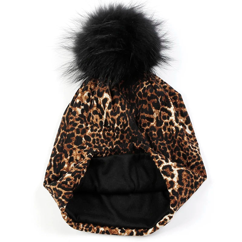Women Casual Beanie Caps Autumn Winter Warm Beanies Female Fashion New Skullies Hats Leopard Print With Real Raccoon Fur Pompom