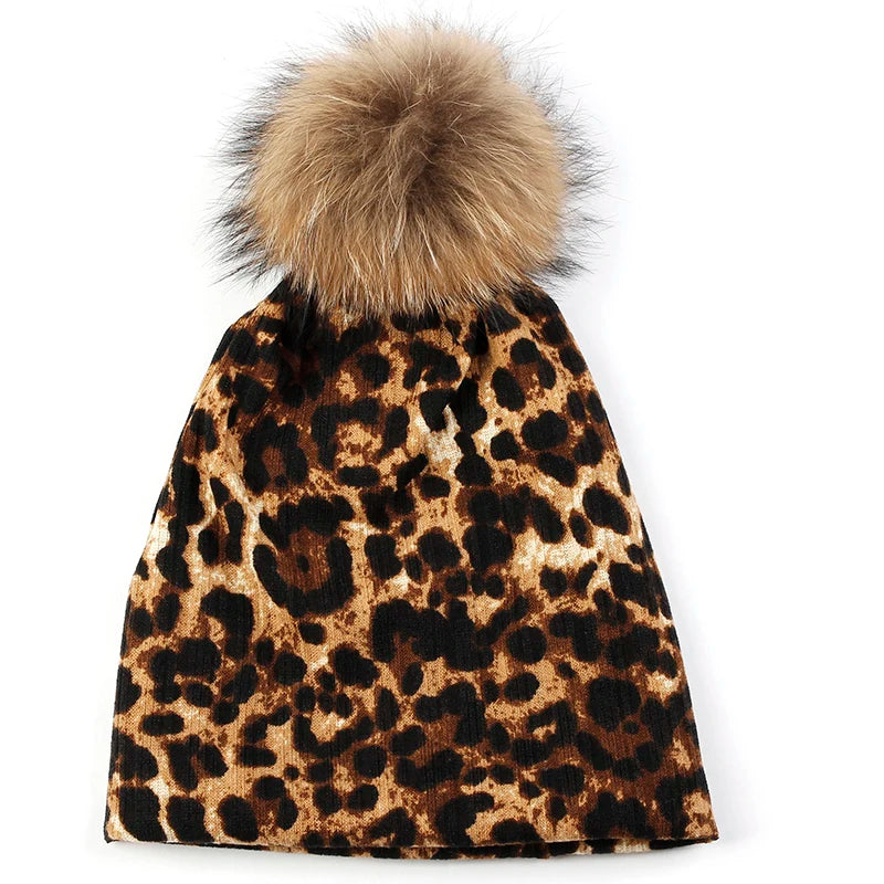 Women Casual Beanie Caps Autumn Winter Warm Beanies Female Fashion New Skullies Hats Leopard Print With Real Raccoon Fur Pompom