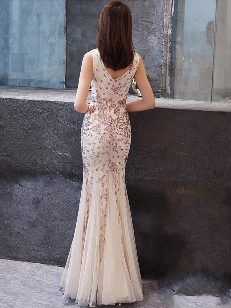 WomenSleveless Evening Dresses Elegant Mermaid Formal Dress Tull Sequind Prom Gown  Lace Robe De Soriee Long Evening Party Dress