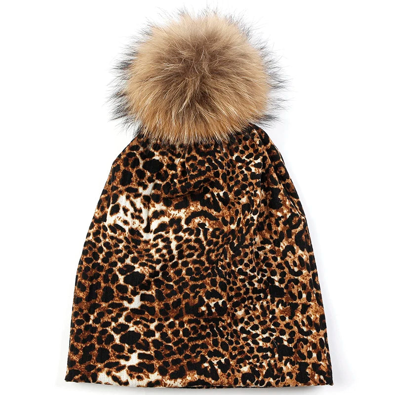 Women Casual Beanie Caps Autumn Winter Warm Beanies Female Fashion New Skullies Hats Leopard Print With Real Raccoon Fur Pompom